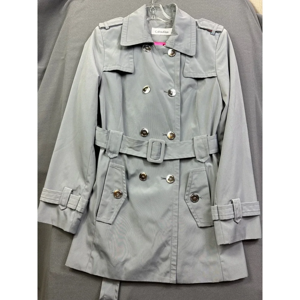 Calvin Klein‎ Women's Light Gray Double Breasted Belted Trench Coat size S Small
